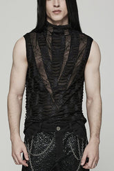 Gilet gothique pour homme noir à col montant, maille araignée creuse, déchiré et asymétrique